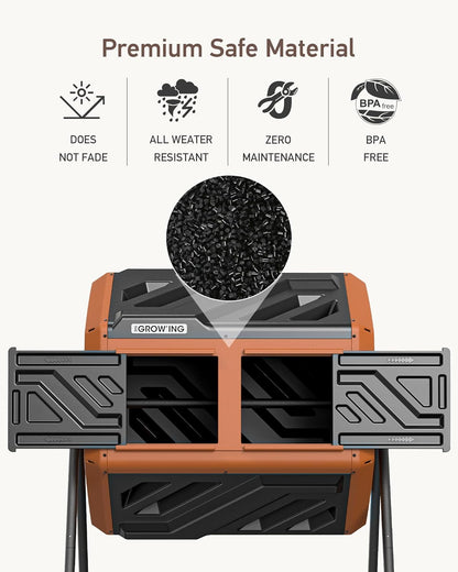 THEGROW'ING Updated 43 Gallon Compost Bin Outdoor, Fast Assemble Tumbling Composter, Dual Chamber Composter Tumbler, Rotating Compost Bin for Outside, Backyard, Garden and Yard, Orange