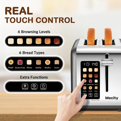 Mecity 2 Slice Touch Screen Toaster, 1.5" Wide Slot, Stainless Steel Smart Toaster for Bagels, Muffins, Waffles, Gluten-Free Breads, Defrost, Reheat, Timer, 120V 825W, Pearl Grey