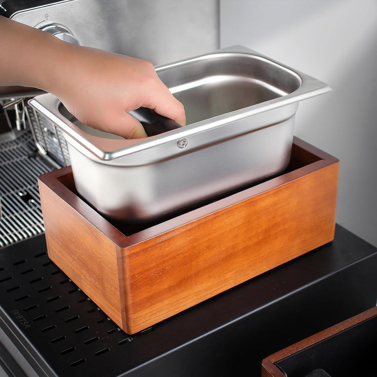 Knock Box Espresso, Coffee knockbox with Rubber Knock Bar and Anti-slip Pad, Commercial Use Large Capacity, Stainless Steel and Wooden