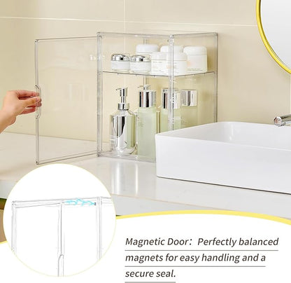 Acrylic Display Case with Removable Shelf, 2 Tier Clear Plastic Stackable Storage Bins with Magnetic Lids, Figure Display Case for Collectibles Cosmetic Acrylic Box, 4 Pack
