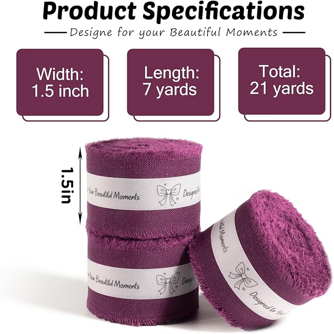 Grape Wine Cotton Ribbon 1-1/2 Inch Grape Wine 3 Rolls 21 Yards Frayed Edge Fabric Set for Wedding Decor, Anniversary Celebration, Bridal Bouquet Wrap, Gift Wrapping & Fall Wedding