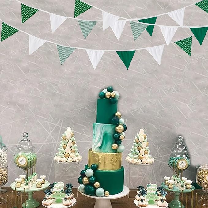 Zwiebeco 32Ft Green White Stripe Dot Fabric Bunting Banner Triangle Flags Cotton Garland Pennant for Birthday Wedding Baby Shower Hen Spring Tea Party Classroom Nursery Home Outdoor Garden Decorations