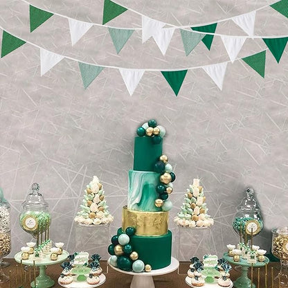 Zwiebeco 32Ft Green White Stripe Dot Fabric Bunting Banner Triangle Flags Cotton Garland Pennant for Birthday Wedding Baby Shower Hen Spring Tea Party Classroom Nursery Home Outdoor Garden Decorations
