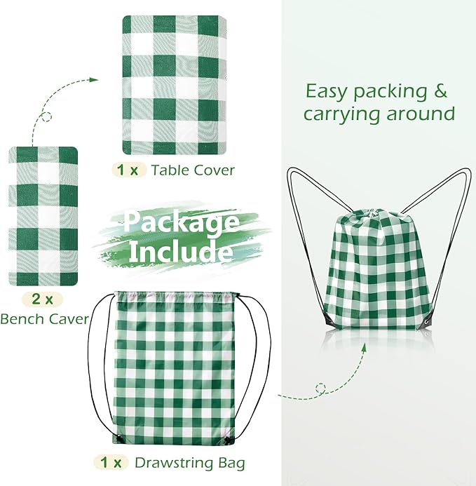 Picnic Table Cover with Bench Covers and Bag, Camping Table Camping Essentials Cover with Elastic Edges(Green)