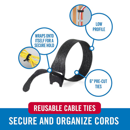 VELCRO Brand Reusable Cable Ties, 100 Pack 6 Inch Cable Management Ties, Cord Wraps for Electrical Cords, Black