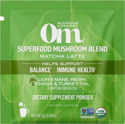 OM MUSHROOM SUPERFOOD Matcha Latte Blend Mushroom Powder, Single Serve, 10 Count, Green Tea, Lion's Mane, Reishi, Chaga, Turkey Tail, Focus & Stress Support Supplement