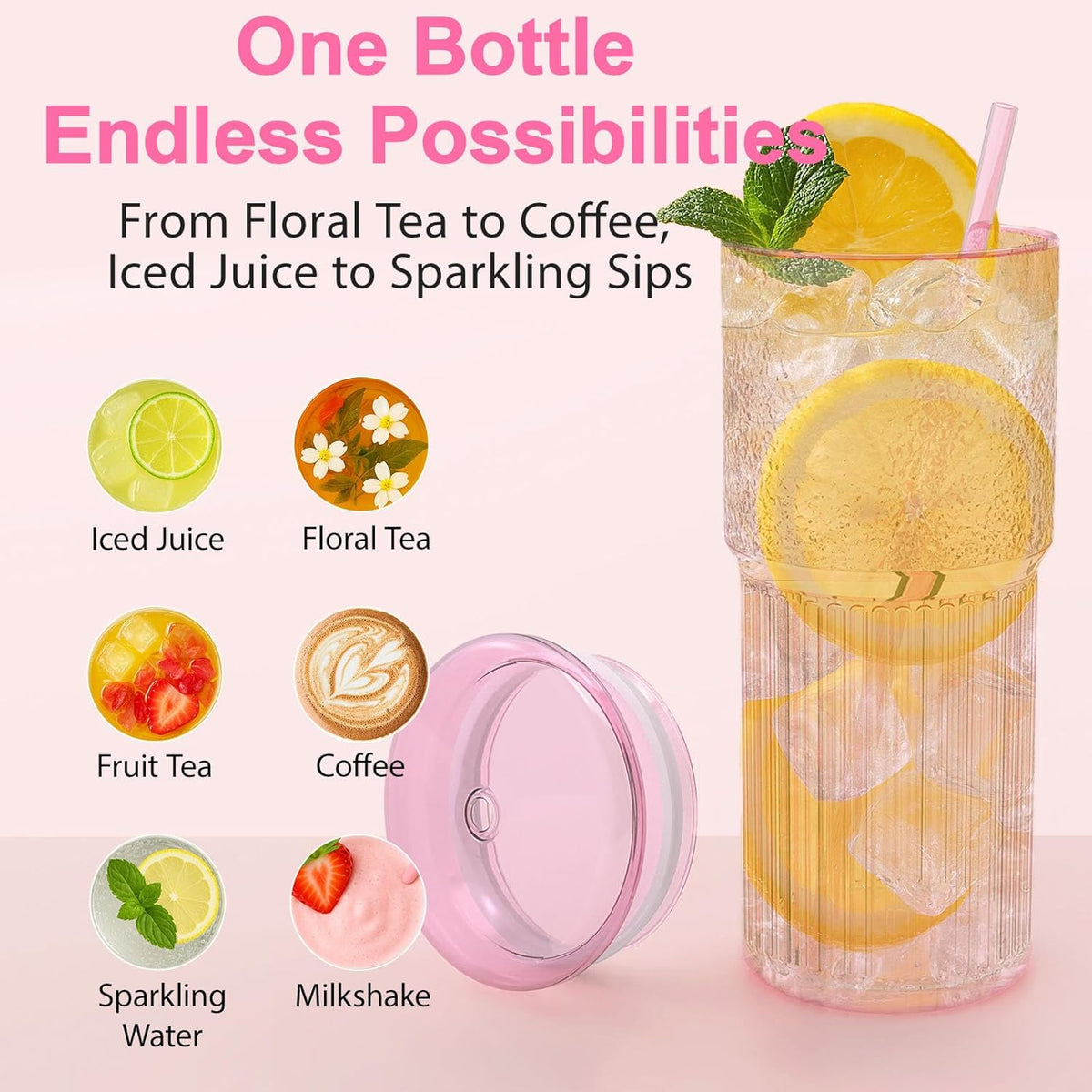 Glass Cups with Lids and Glass Straws, High Borosilicate 20OZ Pink Tumblers (2Pcs) for Coffee, Tea, Juice, Smoothies, Hot & Cold Drinks at Home/Office
