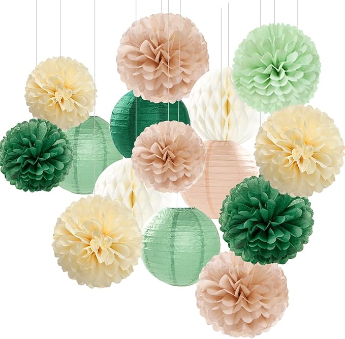 Sage-Olive Green Party-Decorations Paper-Flowers Lanterns - 15PCS Safari Boho Birthday Rustic Tissue Pom Poms Streamers, Baby Shower Neutral Garden Wedding Graduation Hanging Supplies Decor Hugfond