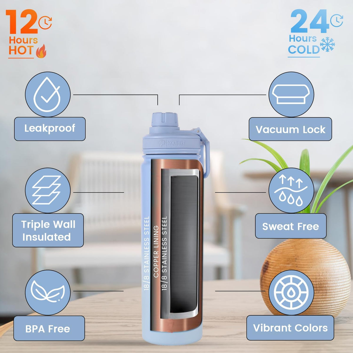 Lexlion Tea Infuser Water Bottle 22 Oz, Triple Walled Insulated Stainless Steel Bottle, Thermal Fruit Leaf Infuser, Silicone Sleeve, 3 Lids Leakproof