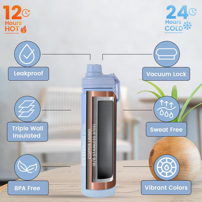 Lexlion Tea Infuser Water Bottle 22 Oz, Triple Walled Insulated Stainless Steel Bottle, Thermal Fruit Leaf Infuser, Silicone Sleeve, 3 Lids Leakproof
