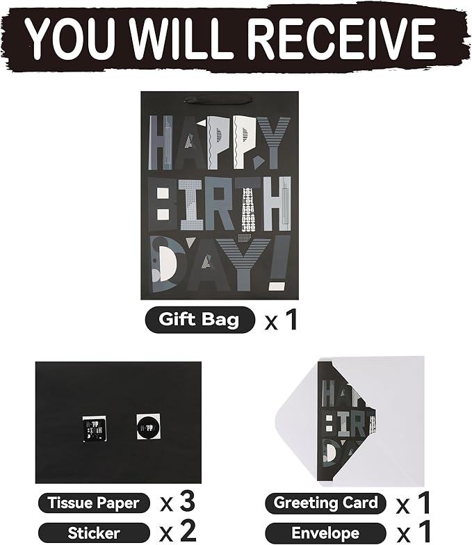 wishinside 16.5” Extra Large Black Happy Birthday Gift Bag Set with Handles, Greeting Card, Tissue Papers and Stickers for Men Boys Kids Teens, Cartoon Design, 1 Pcs