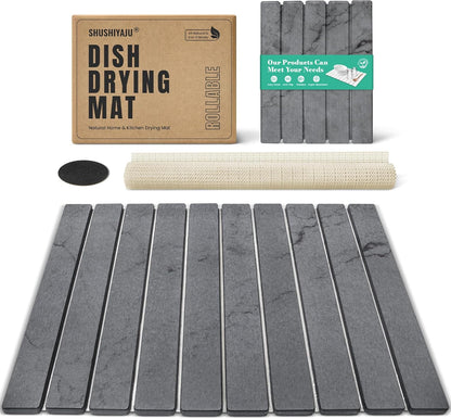 Stone Dish Drying Mat Collapsible Diatomaceous Earth Absorbent Mat Quick Dish Drying Pad Dish Rack Pad Match Any Counterto Multiple Usage for Kitchen,Bathroom (Dark-Gray Marble Pattern, 24"L x 16"W)