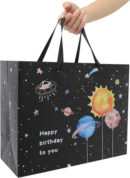 Qirrmiy 13” Large Space Birthday Gift Bag Set with Handles, Greeting Card, Black Tissue Papers and Stickers for Boys Teens for Baby Child, Kids‘ Birthday Party, Newborn, 1 Pcs
