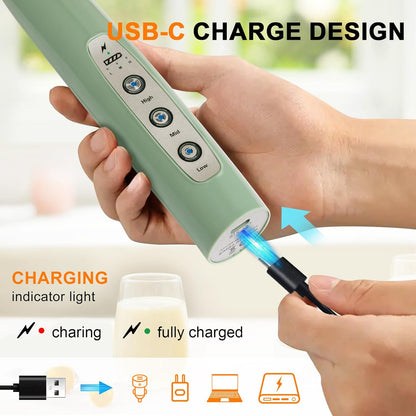 Yuswko Granite Green Handheld Milk Frother Wand for Coffee, Rechargeable Electric Whisk with 3 Heads 3 Speeds Drink Mixer Coffee Frother For Latte