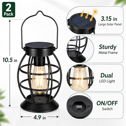 LeiDrail Solar Lanterns Outdoor 2 Pack, Hanging Waterproof Metal Lantern Dual LED Warm White, Auto On/Off Garden Patio Yard Porch Pathway Table Decor, Solar Powered Gift for Women
