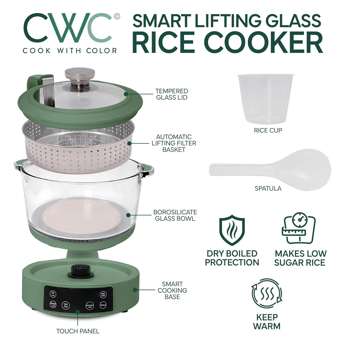 COOK WITH COLOR 3L Glass Low Carb Rice Cooker - Makes 6 Cups Cooked Low Sugar Rice with Auto Lift Filter Basket, Hotpot & Steamer for Rice, Grains and Oats, Digital Panel with Keep Warm, Dark Sage