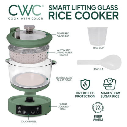 COOK WITH COLOR 3L Glass Low Carb Rice Cooker - Makes 6 Cups Cooked Low Sugar Rice with Auto Lift Filter Basket, Hotpot & Steamer for Rice, Grains and Oats, Digital Panel with Keep Warm, Dark Sage