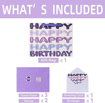 Qirrmiy 13'' Large Purple Happy Birthday Gift Bag Set with Handles, Greeting Card, Tissue Papers and Stickers for Women Girls Kids Teens, Words Design, 1 Pcs