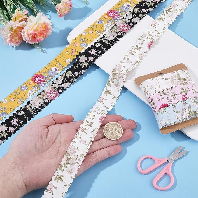 6 Colors 12 Yards 1 Inch Flower Print Ribbon Spring Summer Floral Fabric Wavy Edge Vintage Rose Printed Polyester Bouquet Flowers Ribbons for Gift Wrapping Bow Wreath Sewing Diy Craft Supply