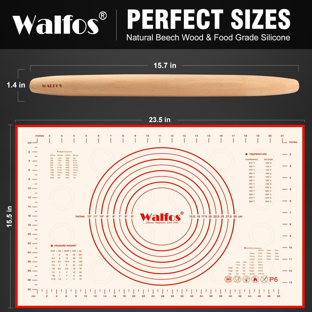 Walfos French Rolling Pin and Silicone Baking Mat Set, Non-Stick Beech Wood Rolling Pin 15.7 Inch and Pastry Mat for Best Pie Crust, Cookie