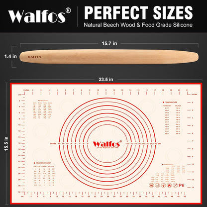 Walfos French Rolling Pin and Silicone Baking Mat Set, Non-Stick Beech Wood Rolling Pin 15.7 Inch and Pastry Mat for Best Pie Crust, Cookie
