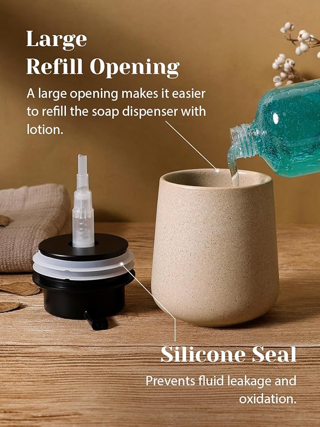 INGOFIN Ceramic Lotion Dispenser - 12 oz Hand Soap Dispenser Bathroom, Modern Liquid Dispenser with Pump, Refillable Dish Soap Bottle for Kitchen, Beige