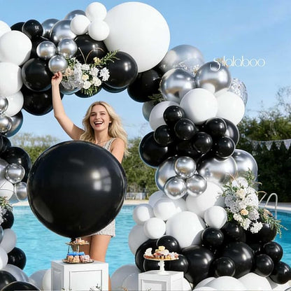 Black and Silver Balloons Arch Kit 155Pcs Different Sizes of 18 10 5 Inch Latex Black White Metallic Silver Balloon Garland for Birthday Anniversary Graduation Party Decorations