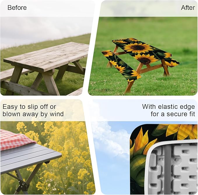 ANNA QUEEN 6FT Sunflower Picnic Table Cover with Bench Covers Spring Picnic Table Cover Set 3PCS 72"x30", Outdoor Bench and Tablecloth Furniture Protection
