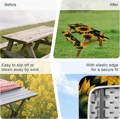 ANNA QUEEN 6FT Sunflower Picnic Table Cover with Bench Covers Spring Picnic Table Cover Set 3PCS 72"x30", Outdoor Bench and Tablecloth Furniture Protection
