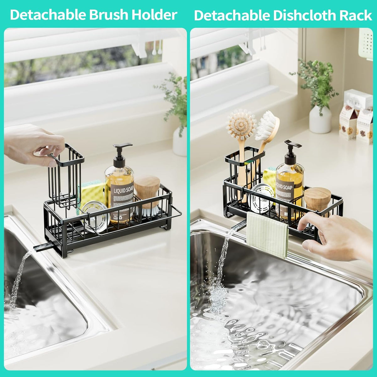 HapiRm Sponge Holder for Kitchen Sink - Self-draining Sink Caddy with Brush and Dishcloth Holders, Stainless Steel Kitchen Organizer for Countertop - Black