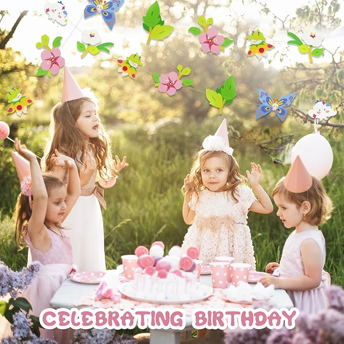 2PCS Flower Butterfly Banner, Floral Butterflies Party Decorations, Reusable Paper Fairy Wildflower Garland for Birthday Baby Shower Wedding Backdrop Tea Party Supplies Home Decor