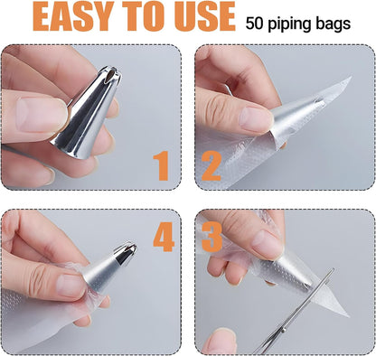 5PCS Piping Tips, Stainless Steel Cake Decorating Tips, Suitable for Pastry Fondant Cupcakes, with 50PCS Piping Bags, 1PCS Cleaning Brush