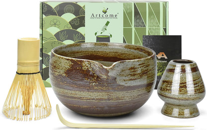 Artcome Premium Matcha Tea Set - 18.6oz Ceramic Bowl with Spout, Bamboo Whisk, Scoop, Whisk Holder & Brewing Guide - Durable & Elegant for Perfect Matcha Preparation