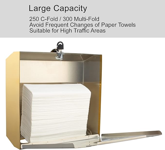 Commercial Paper Towel Dispenser Wall Mount, Tri-fold/Multi-fold/C-Fold Stainless Steel Paper Towel Holder Hand Towel Dispenser with Key (Gold)