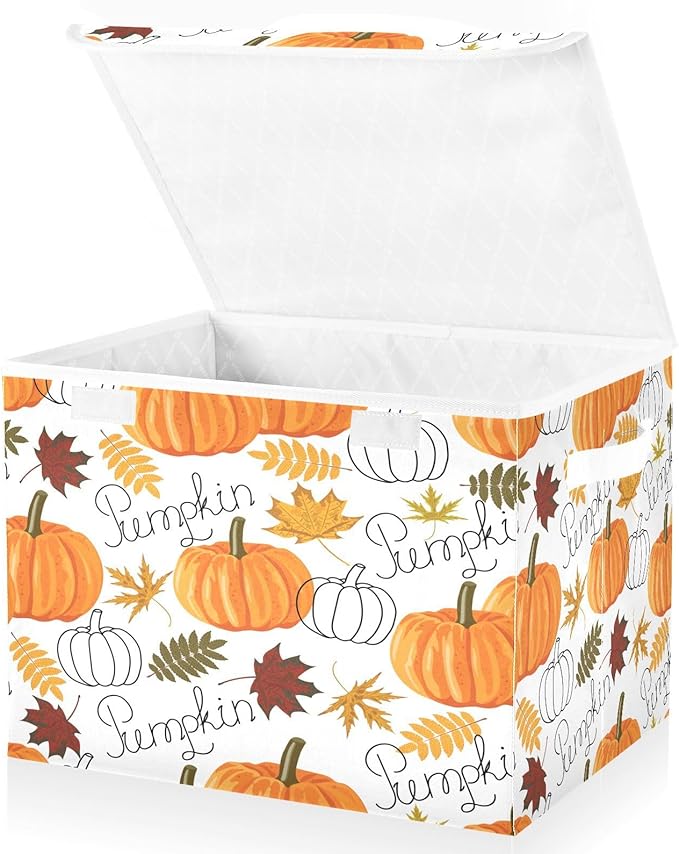 Large Collapsible Storage Bins with Lids, Pumpkin Leaf Fall Autumn Storage Baskets Organizer Containers with Handles for Clothes