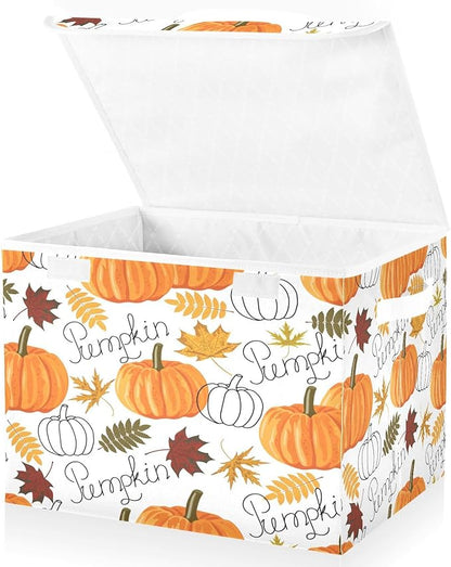Large Collapsible Storage Bins with Lids, Pumpkin Leaf Fall Autumn Storage Baskets Organizer Containers with Handles for Clothes