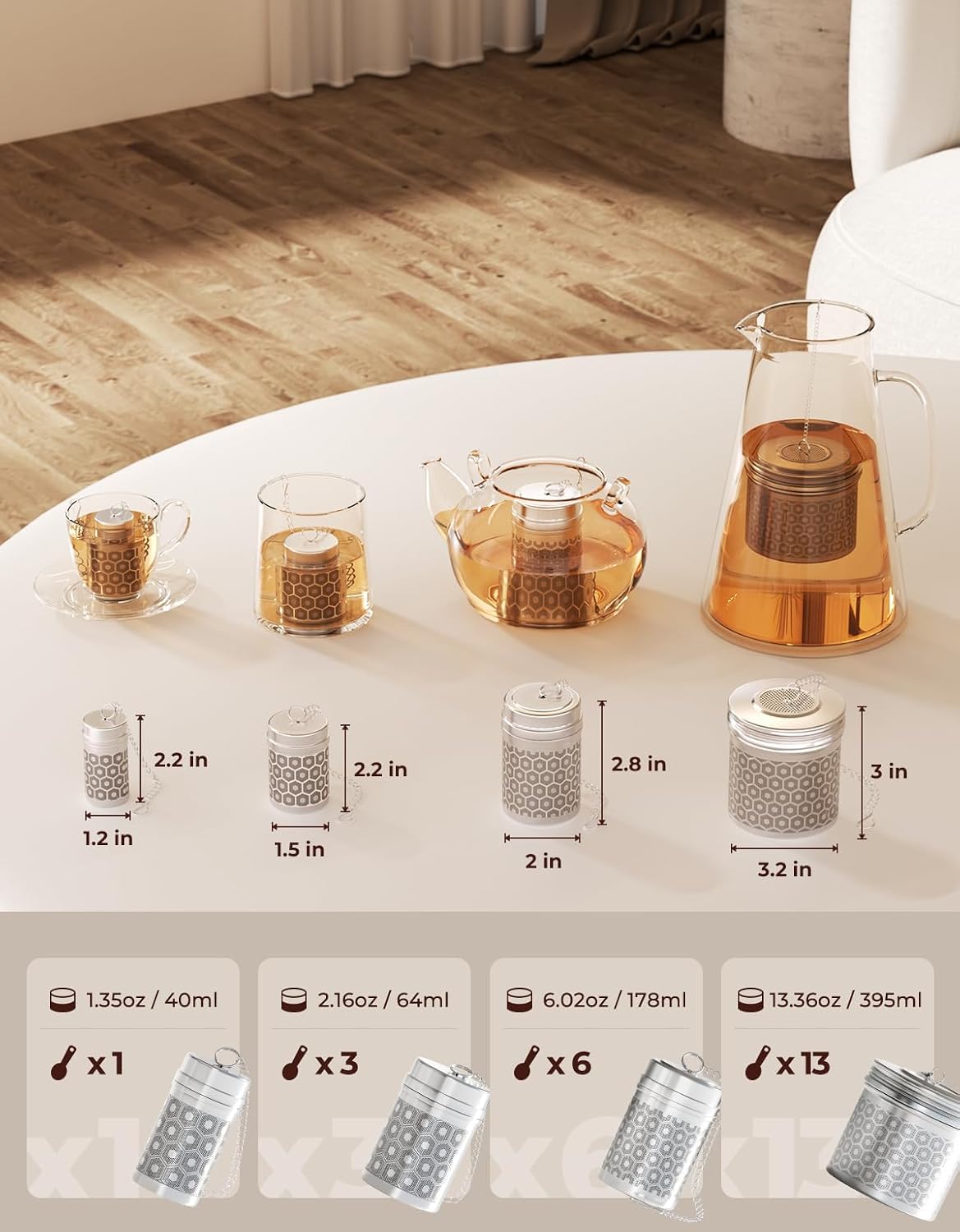 2 Pack Reinmoson Mini Stainless Steel Tea Strainer for Loose Tea 1.2”x2.2” | Extra Fine Mesh Tea Infuser for Loose Leaf Tea Steeper, Updated Slim Threaded Lid Tea Ball for Cup Mug Teapot Bottle Kettle