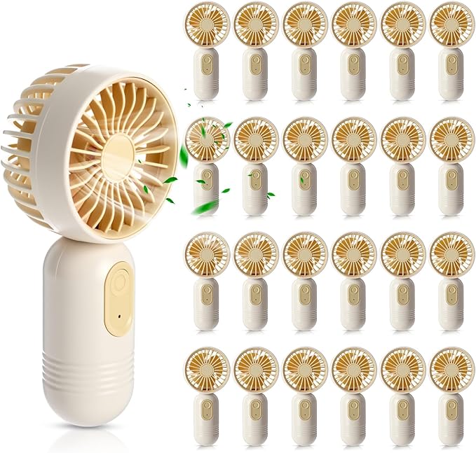 Rossesay 24 Pack Mini Portable Fan Bulk for Travel 3 Speeds, Rechargeable USB Battery Operated, Small Handheld Personal Eyelash Fans for Women Men Indoor Outdoor (White Beige)