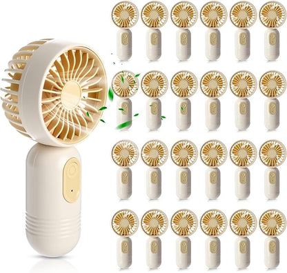 Rossesay 24 Pack Mini Portable Fan Bulk for Travel 3 Speeds, Rechargeable USB Battery Operated, Small Handheld Personal Eyelash Fans for Women Men Indoor Outdoor (White Beige)