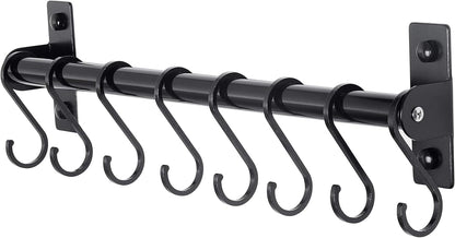 Dseap Kitchen Utensil Holder Hanger, Pot and Pan Rack Wall Mounted, Kitchen Rail with 8 Hooks for Hanging Cooking Utensils, Mugs, Spoons, Wall Mounted, Black