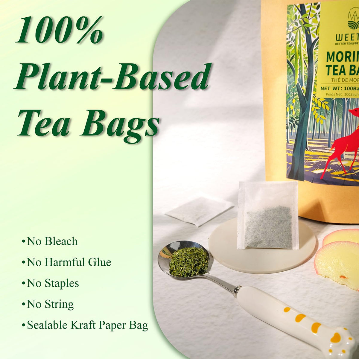WT Weetee Moringa Tea Bags 100 Count, 100% Pure Dried Moringa Leaves, Caffeine Free Nutrient-Dense Herbal Tea