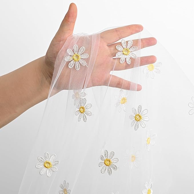 Horaldaily White Embroidery Daisy Spring Summer Gauze Tablecloth 52×70 Inch Rectangular, Seasonal Tulle Table Cover, Garden Party Decorations for Wedding, Party, Holiday Dining