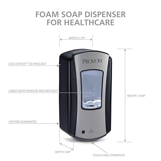 PROVON LTX-12 Touch-Free Foam Handwash Dispenser, Chrome/Black, for 1200 mL PROVON LTX-12 Foam Soap Refills (Pack of 1) - 1972-04