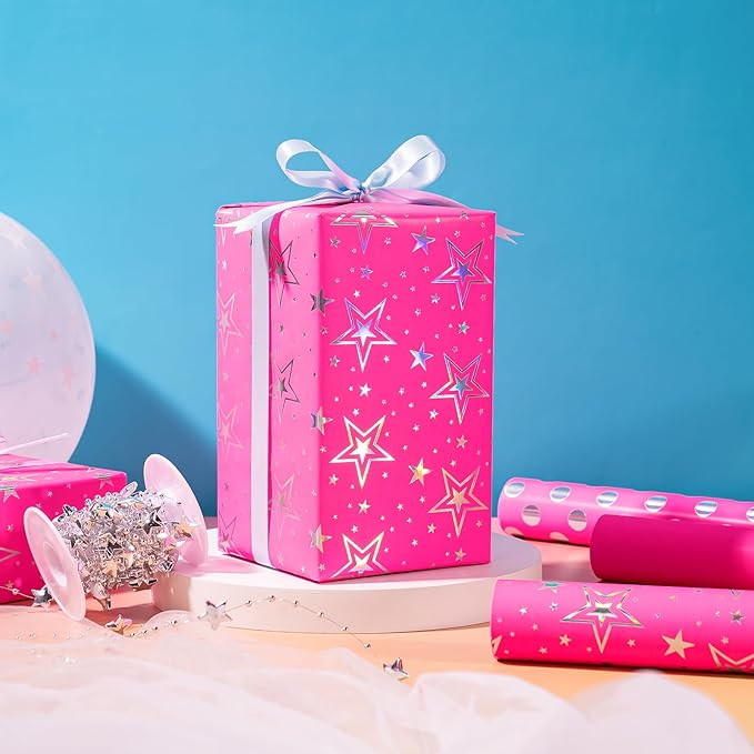 WRAPAHOLIC Pink Girls Wrapping Paper Roll - Mini Roll - 3 Roll - 17 Inch x 120 Inch - Foil Wrapping Paper for Kids Girls Birthday, Baby Shower, Wedding, Bridal Shower
