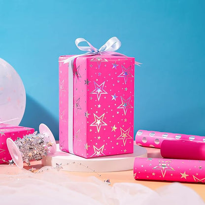 WRAPAHOLIC Pink Girls Wrapping Paper Roll - Mini Roll - 3 Roll - 17 Inch x 120 Inch - Foil Wrapping Paper for Kids Girls Birthday, Baby Shower, Wedding, Bridal Shower