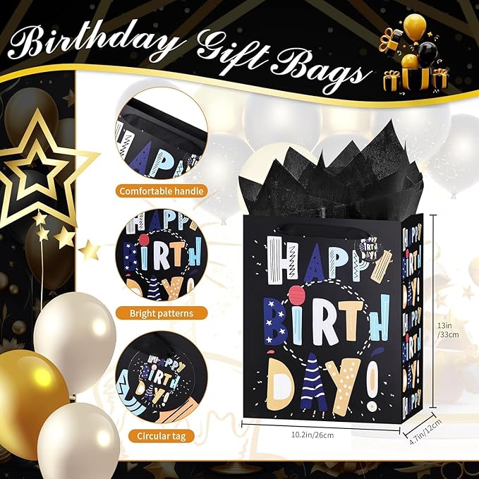 13" Black Happy Birthday Bag with Tissue Paper and Greeting Card for Party,Happy Birthday Gift Bag for Boys, Kids, Men,Gift Bags Medium size (1 PCS Black, Gift Bag)