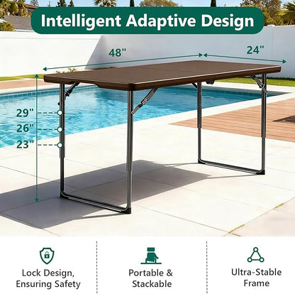4ft Folding Table, Foldable Picnic Table Portable Table for Indoor Outdoor Use Heavy Duty Plastic Table Camping Table for Party, BBQ, Brown