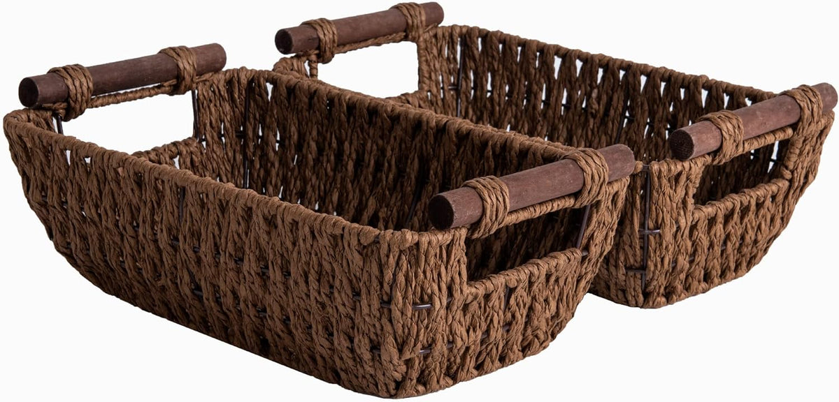 StorageWorks Handwoven Small Wicker Baskets, Round Paper Rope Storage Baskets with Wooden Handles, Dark Brown, 2-Pack