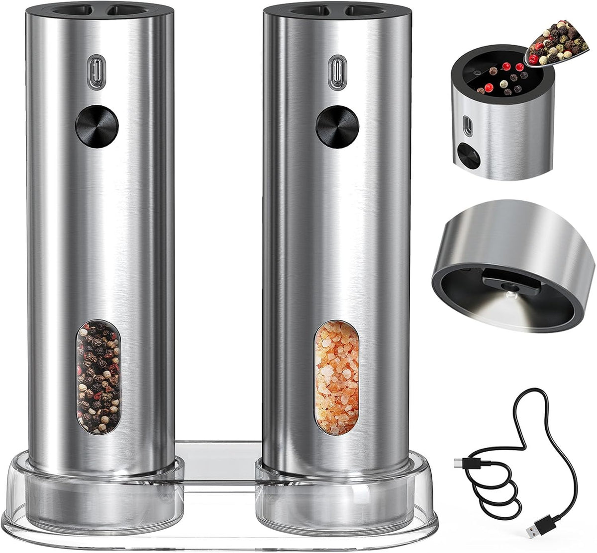 CIRCLE JOY Rechargeable Electric Salt and Pepper Grinder Set with Base, Automatic Stainless Steel Pepper Mill Grinders with 110ml Container, Adjustable Coarseness and White LED Light, Silver