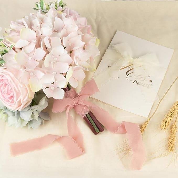 Terracotta Chiffon Ribbon 1 Inch x 21Yds Handmade Fringe Chiffon Silk Ribbon Dusty Pink/Cream Frayed Chiffon Ribbon for Thanksgiving Wedding Invitation Flower Bouquets Bridal Shower Gift Wrapping